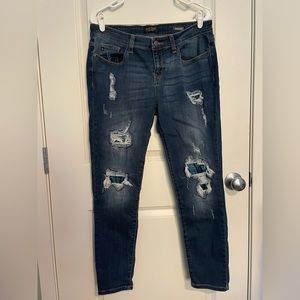 Size 15/32 Judy Blue green/blue tartan plaid patch skinny fit jeans